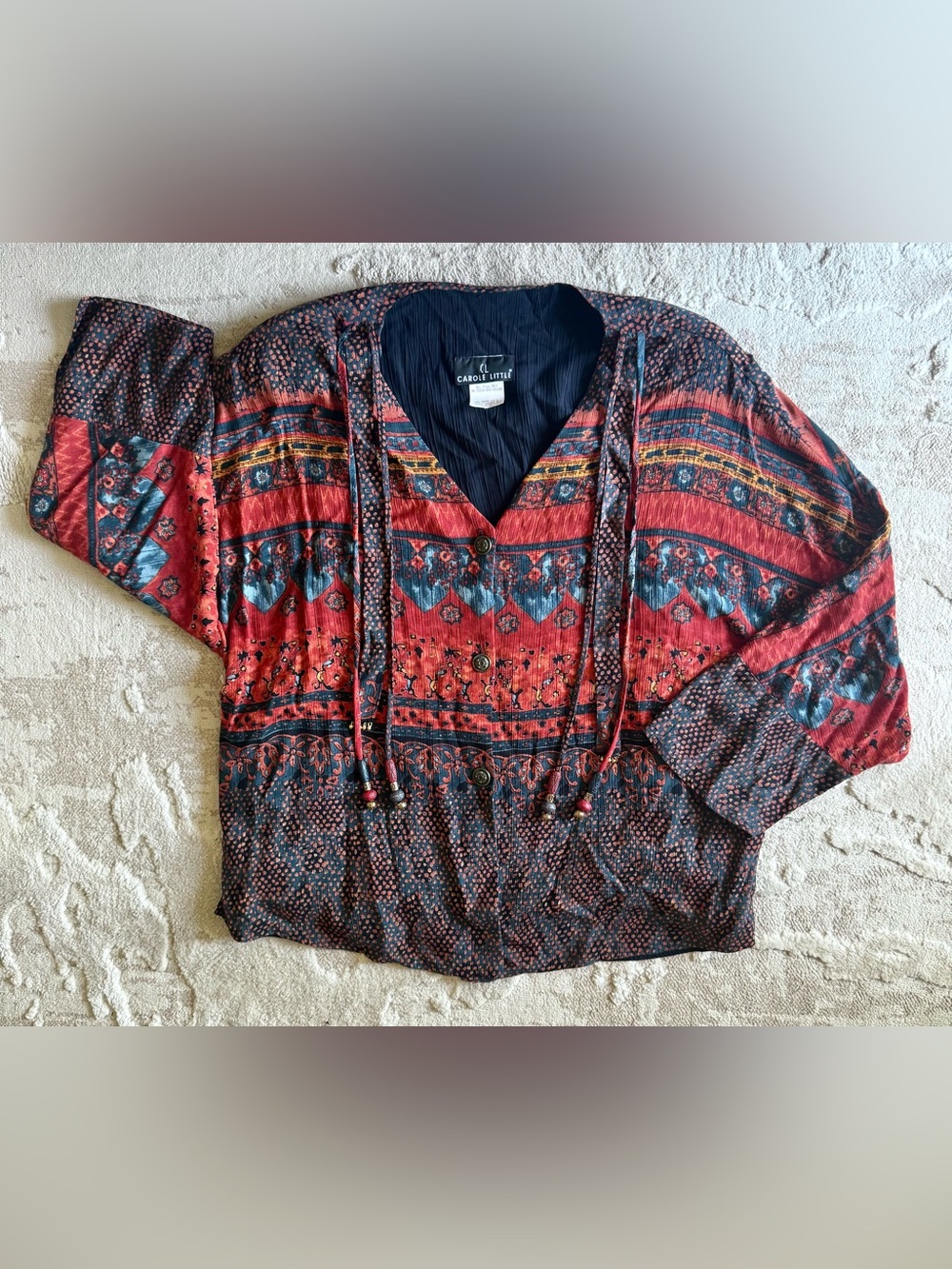 Vintage Carole Little Red and Indigo Mixed Print Blouse Bead Tassels Size 16